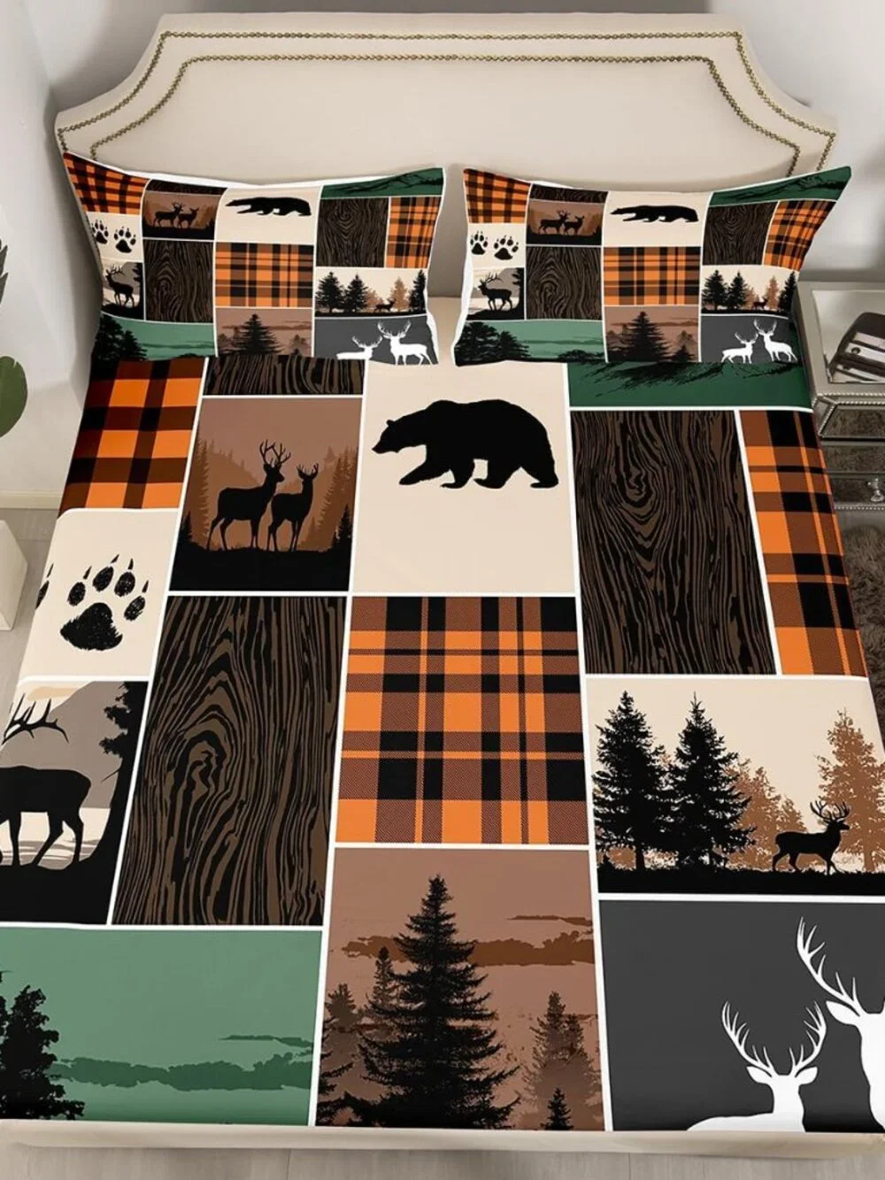 Rustic Cabin Fitted Sheet Twin Size, Hunting Bear Deer Bed Sheets For Kids Teens